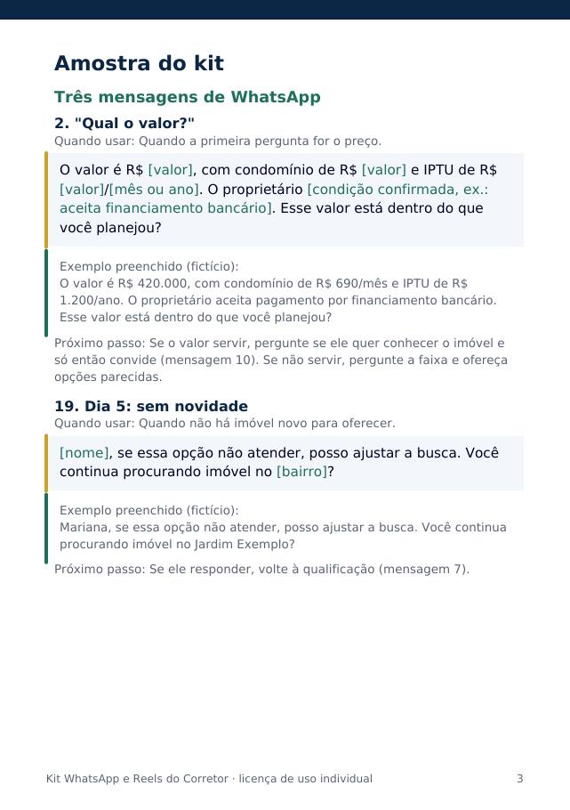 Página do PDF com mensagens de WhatsApp do kit