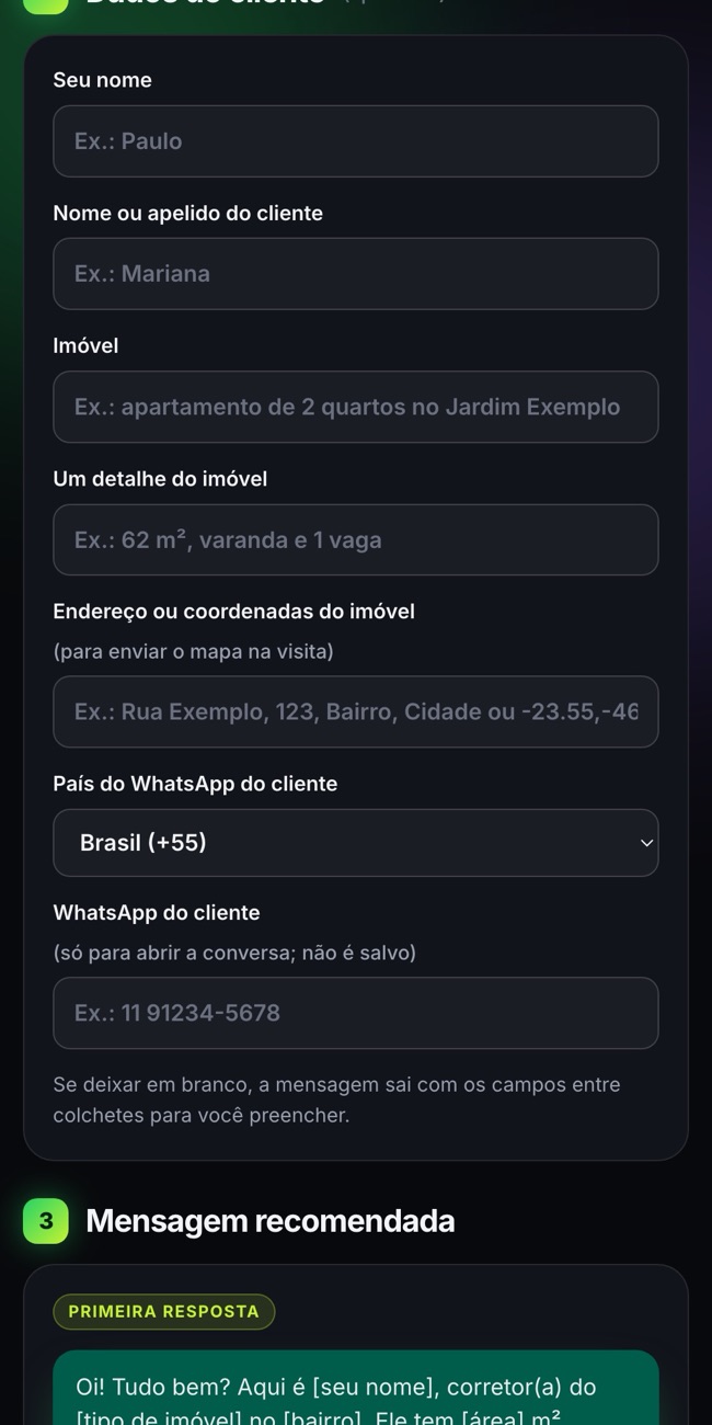 Tela de dados do cliente: nome, imóvel e WhatsApp