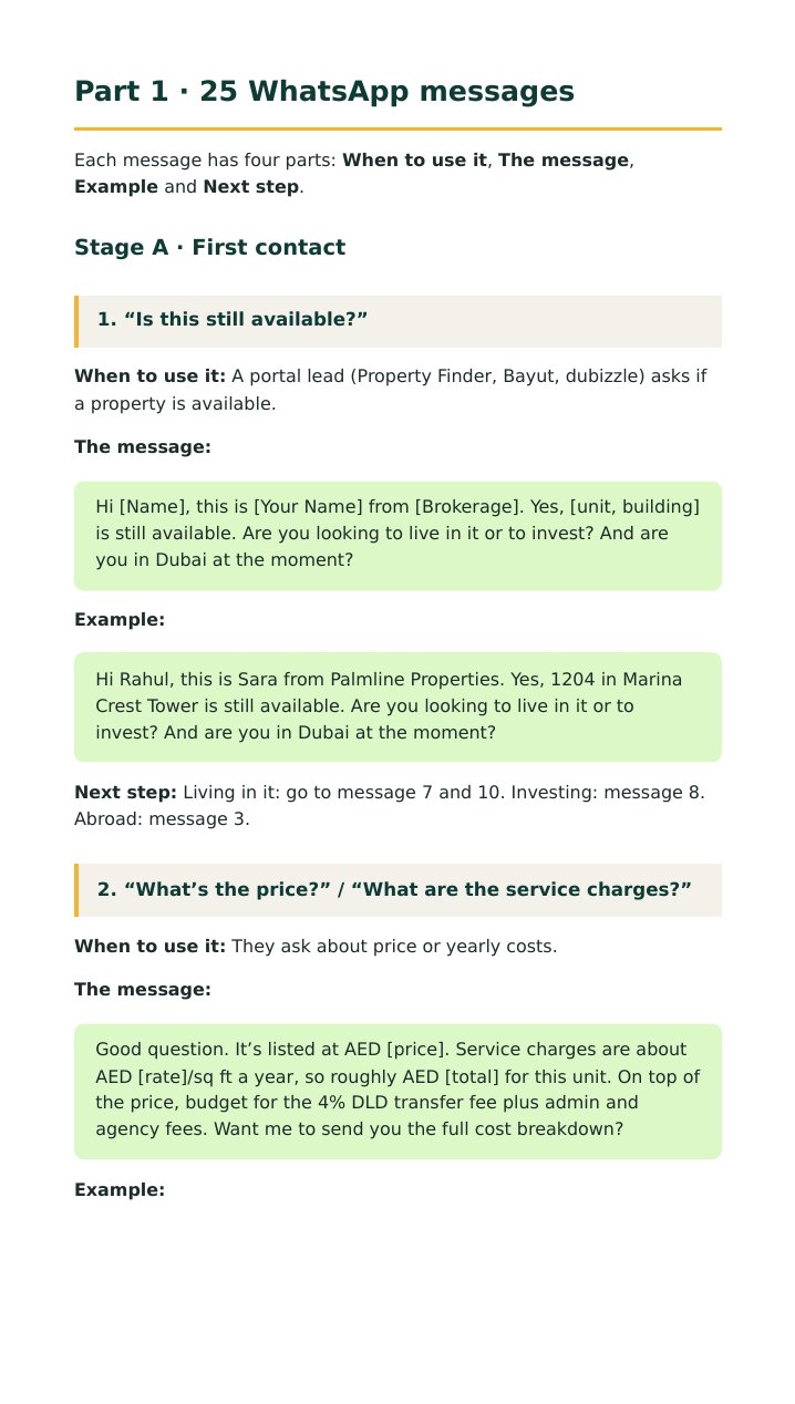 Kit page: Part 1, messages 1 and 2 with filled-in examples