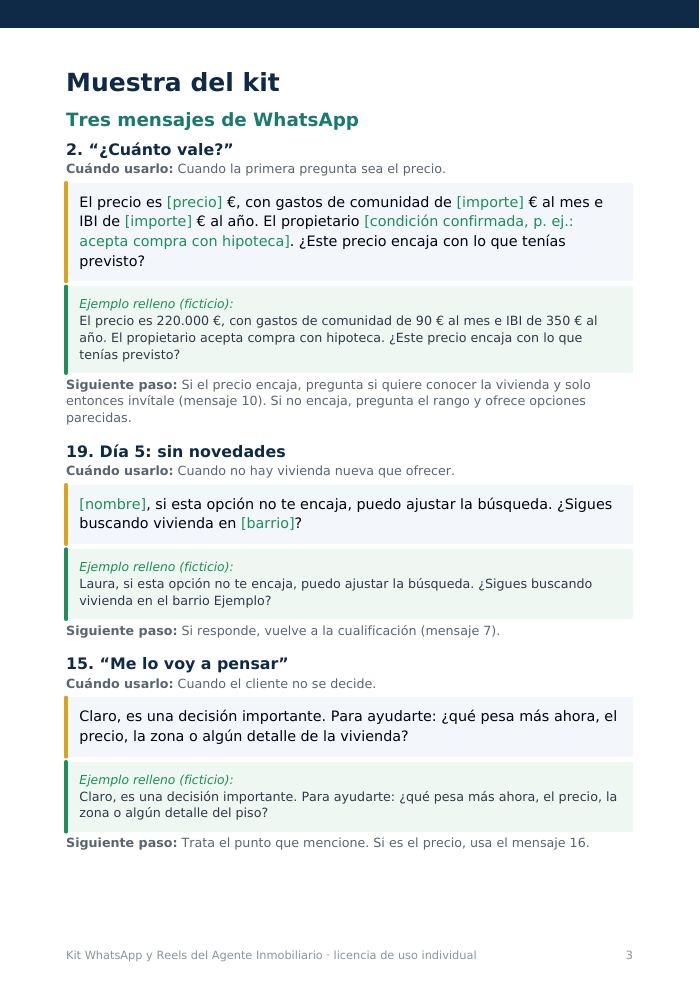 Página 3 de la muestra: mensajes 2, 19 y 15 con ejemplos rellenos