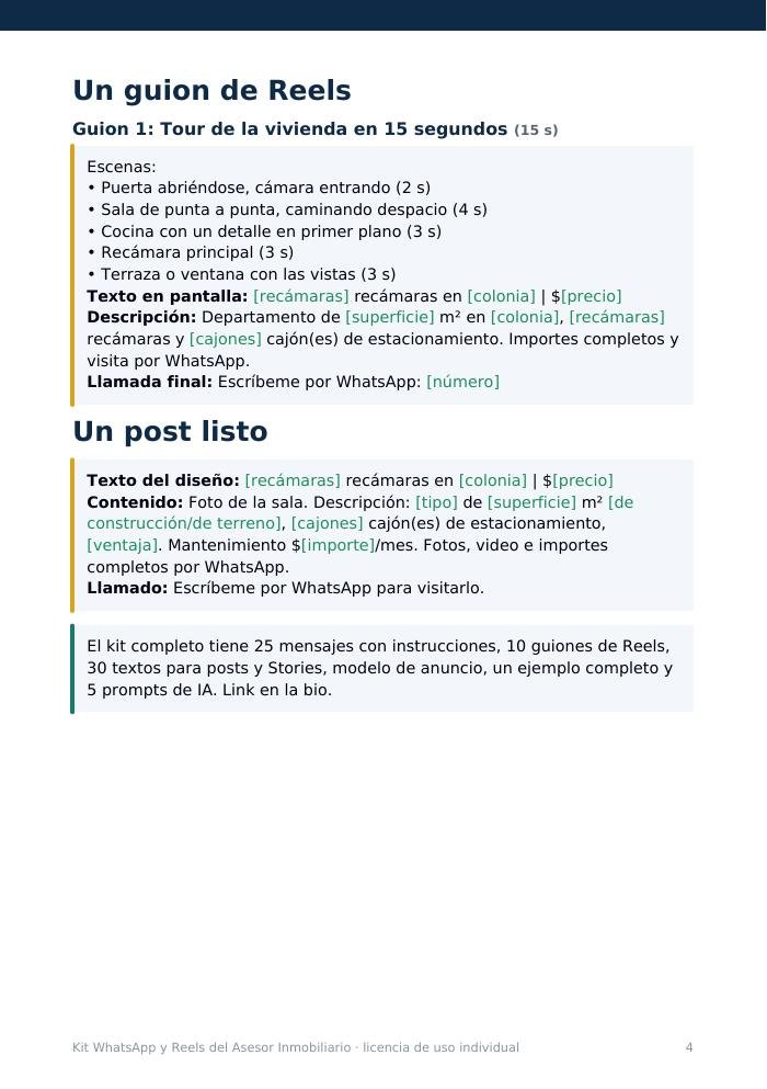 Página 4 de la muestra: guion de Reels de 15 segundos y un post listo