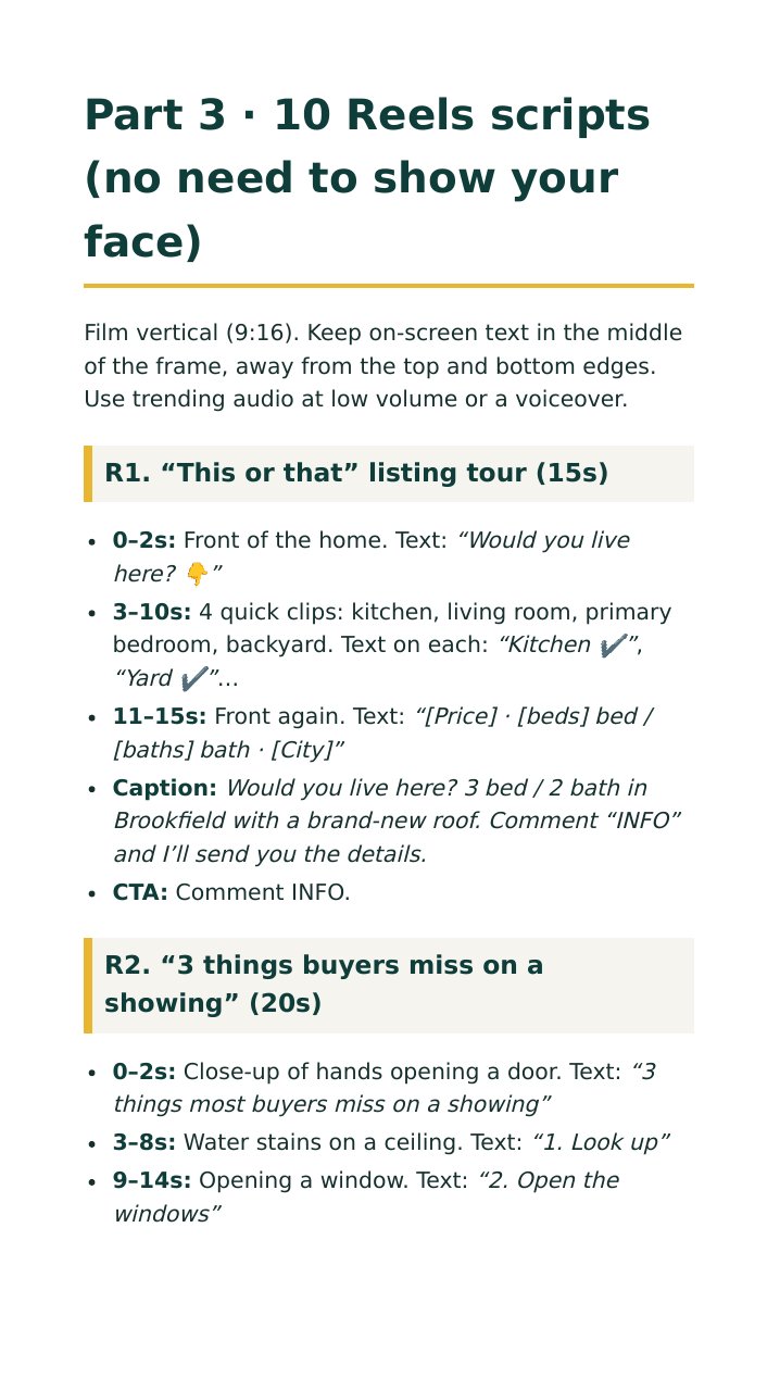 Kit page: Part 3, Reels scripts R1 and R2 broken down second by second